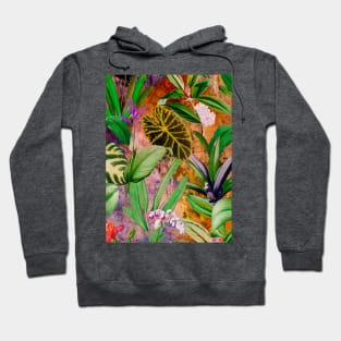 Stylish Tropical floral leaves and foliage botanical illustration, botanical pattern, tropical plants, orange yellow leaves pattern over a Hoodie